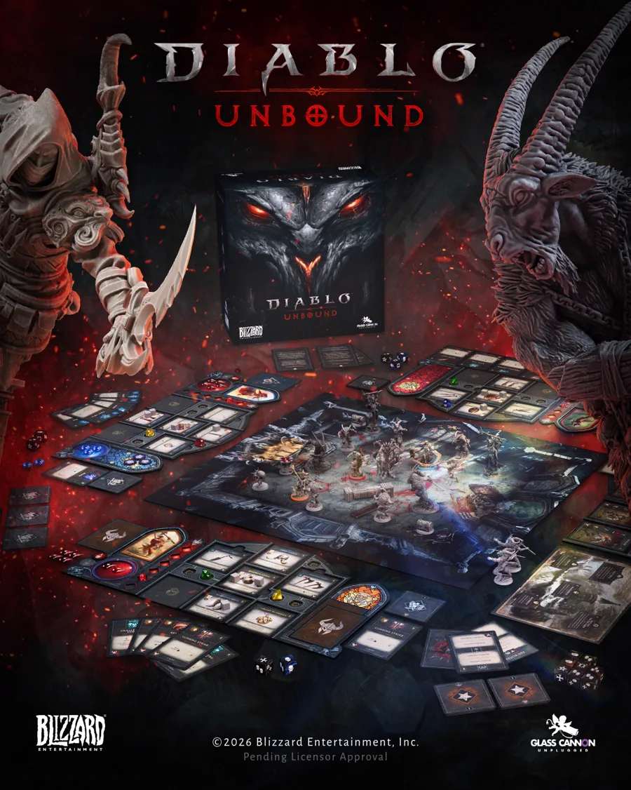 Pudełko i rozłożona plansza gry Diablo: Unbound z figurkami